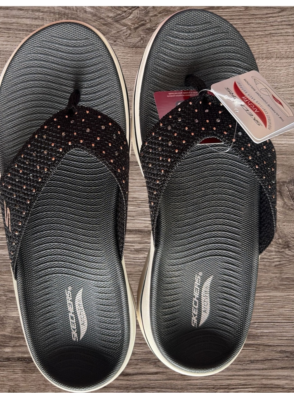 Skechers Black Flip-Flop Sandals with Rose Gold Sparkle Accents-Size 8